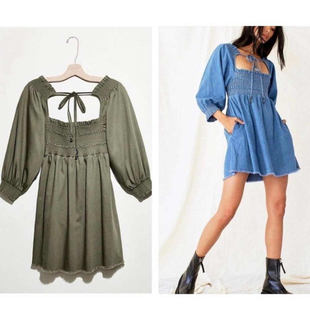 Free People This Is Everything Green Smocked Babydoll Mini Dress Medium